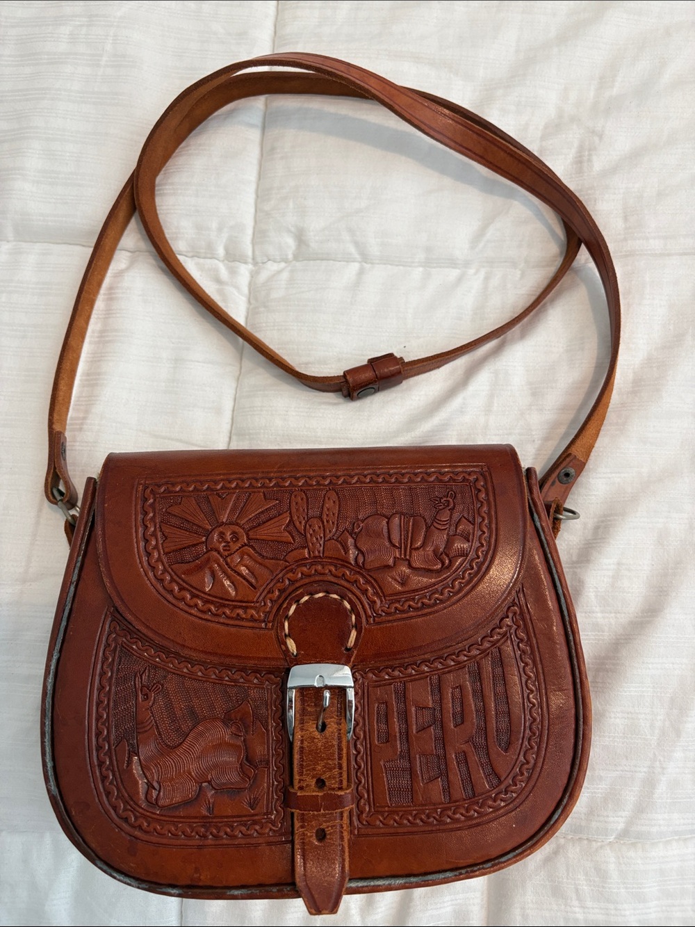 MEXICANA Tooled Chestnut Brown Leather Crossbody Bag